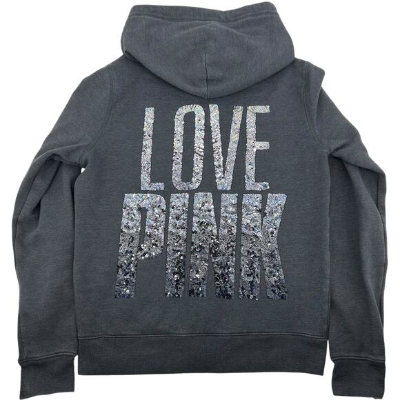 Womens Grey Ombre Bling Sequin Victoria's Secret PINK Dog Hoodie Sweatshirt Sz S - Picture 1 of 7